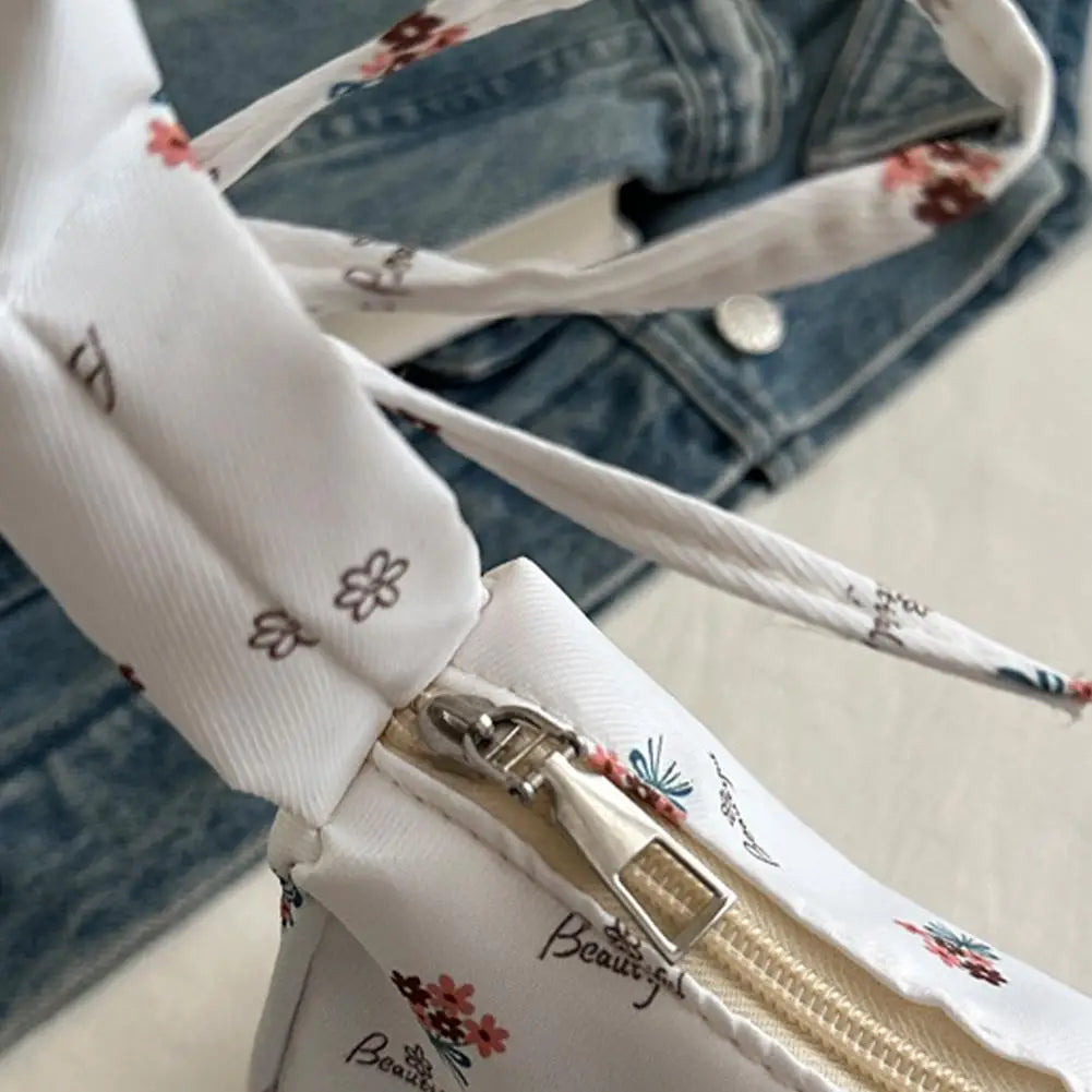 Women's Small Corduroy Handbag - Cute Pleated Shoulder Bag with Half-Moon Flower Print