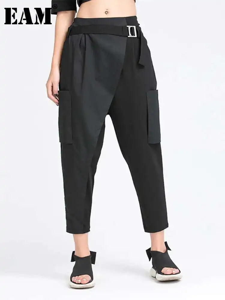 [EAM] High Elastic Waist Black Irregular Split Harem Trousers New Loose Fit Pants Women Fashion Tide Spring Summer 2025 1Y487