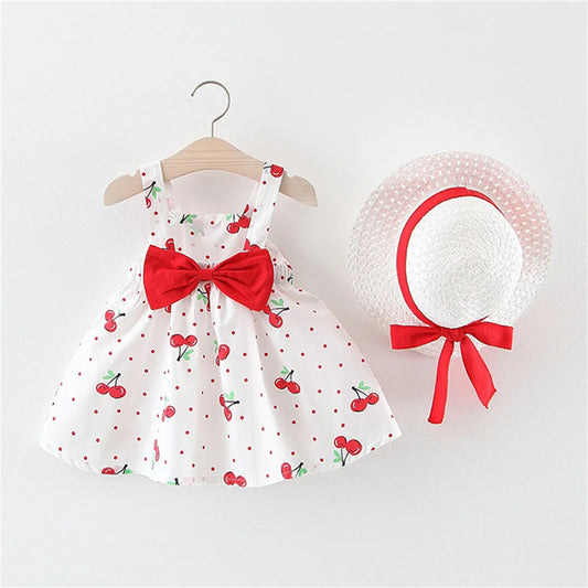 (0-3) Baby Girl Clothing Set 2/Piece Set Summer Baby Girl Cherry Printed Large Bow Cotton Beach Sleeveless Princess Dress+Hat