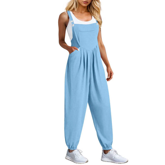 Women's Spring Autumn Adjustable Strap Vintage Solid Color Daily Sleeveless Pants With Pockets Fashion Street Pleated Jumpsuit ﻿