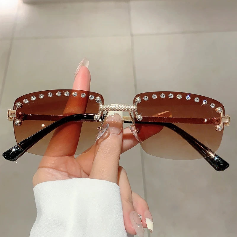 KAMMPT Rimless Sunglasses with Rhinestones 2024 New Fashion Gradient Ocean Lenses Eyewear Trendy Vintage Luxury Rectangle Shades