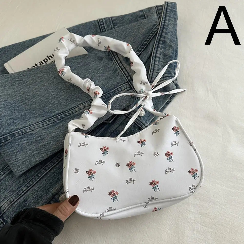 Women's Small Corduroy Handbag - Cute Pleated Shoulder Bag with Half-Moon Flower Print
