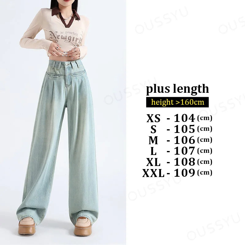 OUSSYU Woman Jeans High Waist Wide Leg Cotton Denim Clothing Loose Straight Pant Fashion Comfort Retro Blue Casual Trousers