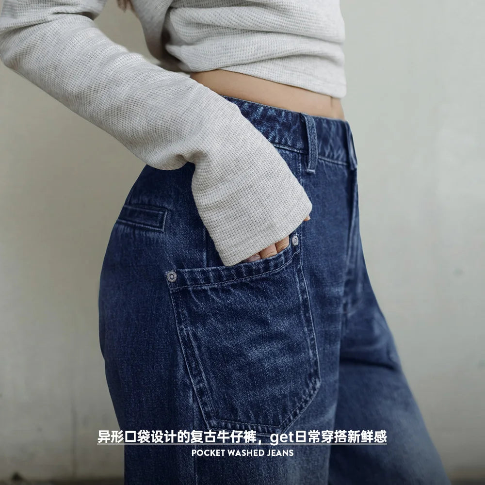 Maden Wide-Leg Jeans for Women 11.8OZ Washed Denim Multipocket Straight Pants Mid-waist Cotton Denim Jeans Streetwear Autumn