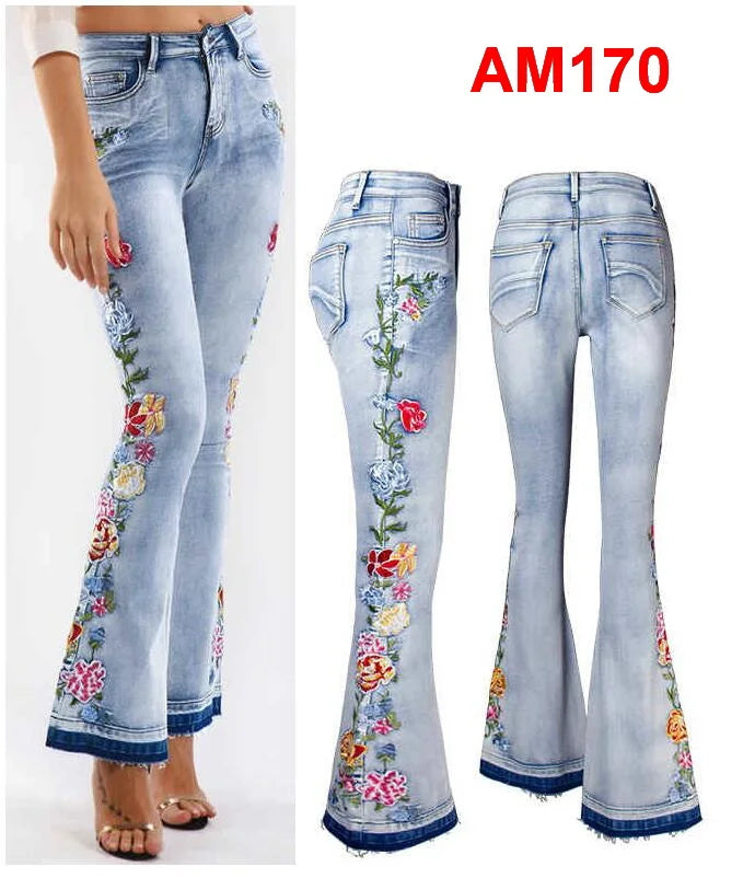 Women's Jeans Embroidered Flower Flared Denim Pants Multiple Styles Flared Jeans For Choose