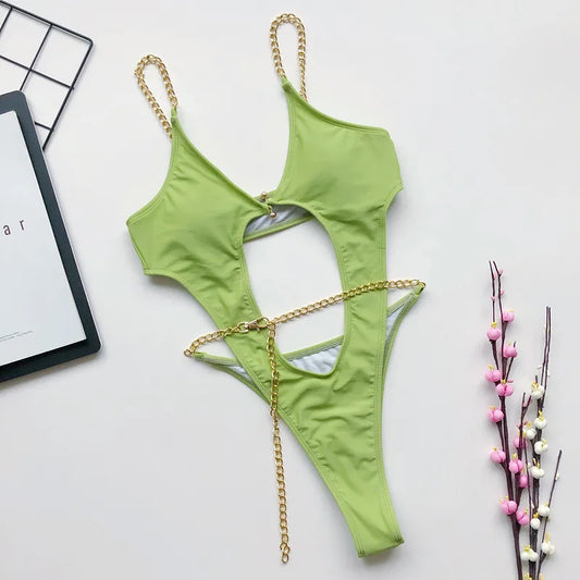 Women Luxury Sexy Swimsuit Halter Push Up Bandage Swimwear Bikini Thong Swimsuit Chain Push Up Beachwear