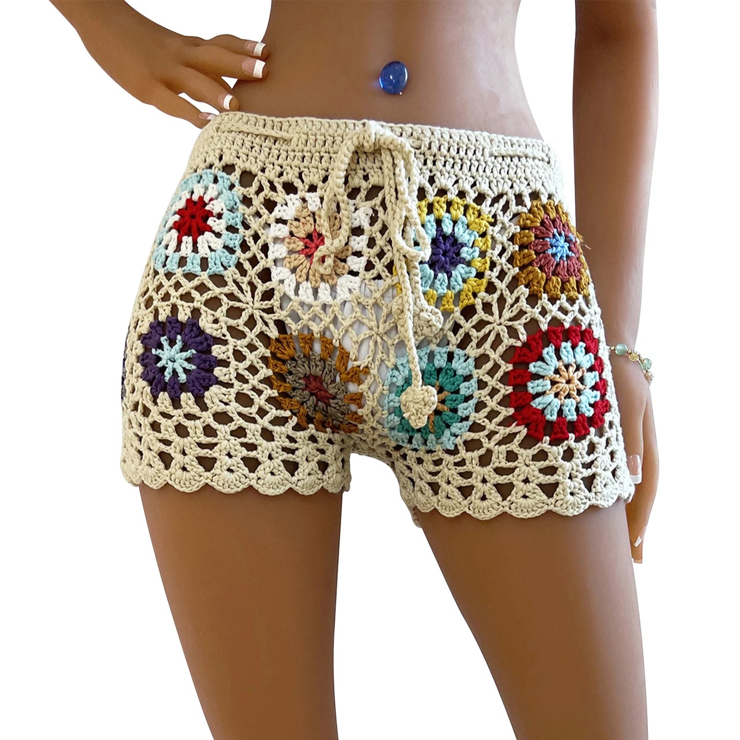 Women's Knit Crochet Shorts Beach Summer Casual Hollow Out Elastic Waist Drawstring Short Pants Female Lounge Sleep Bottoms Y2K