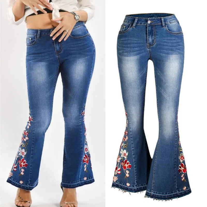 Women's Jeans Embroidered Flower Flared Denim Pants Multiple Styles Flared Jeans For Choose