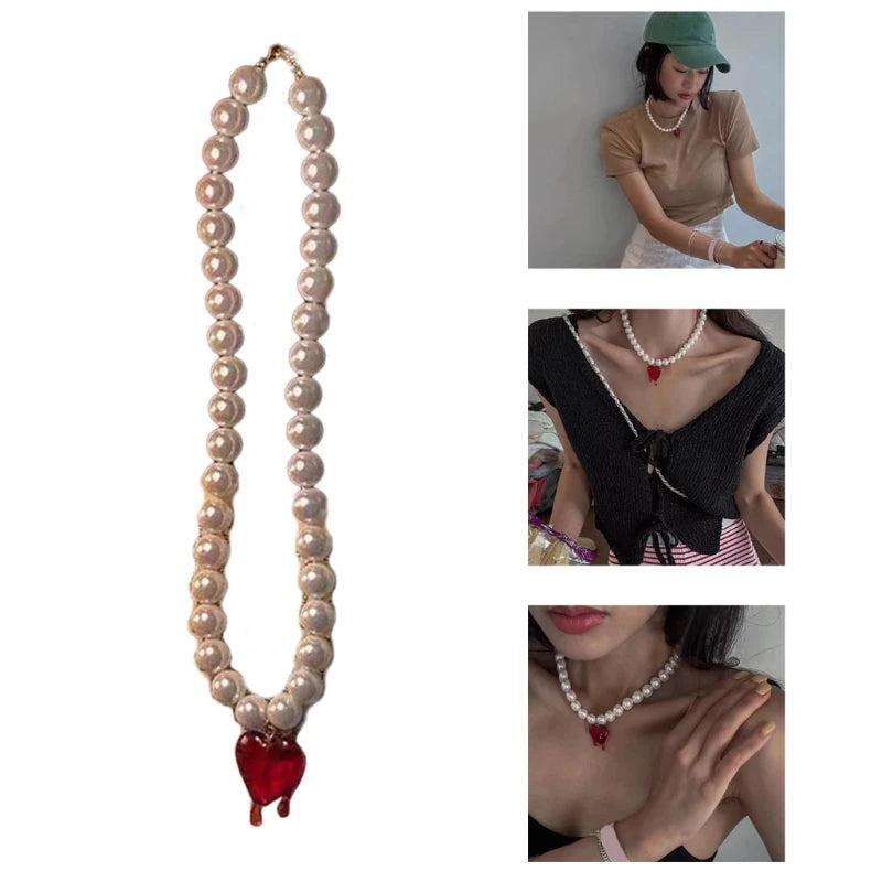 Elegant Imitation Pearl Bead Necklace for Women Heart Pendant Choker Necklaces Wedding Party Jewelry Clavicle Chain Gift