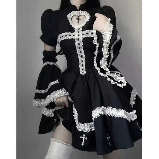 Y2K Black Mini Dress Women Harajuku Gothic Cross Ruffles Dresses Japanese Kawaii Lolita Lace Puff Short Sleeve Bodycon Vestidos