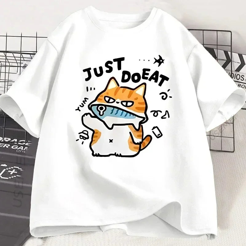 Funny Cat Eat Fish T-shirt for Women Summer Tops Tshirts O-neck Women Clothing Streetwear Short Sleeve Fashion Street Clothes