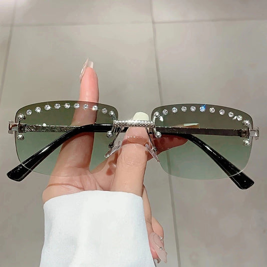KAMMPT Rimless Sunglasses with Rhinestones 2024 New Fashion Gradient Ocean Lenses Eyewear Trendy Vintage Luxury Rectangle Shades