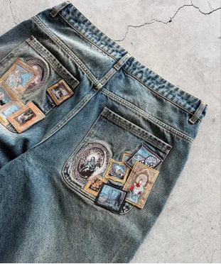 Y2K Minimalist Men's Jeans Retro Pocket Embroidered Loose Korean Casual Harajuku High Waist Aesthetic Couple Wide Leg Pants