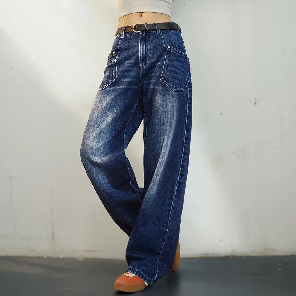 Maden Wide-Leg Jeans for Women 11.8OZ Washed Denim Multipocket Straight Pants Mid-waist Cotton Denim Jeans Streetwear Autumn