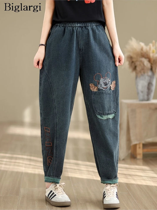 Oversized Jeans Spring Pant Women Cartoon Embroidery Fashion Elastic High Waist Ladies Trousers Loose Casual Woman New Pants