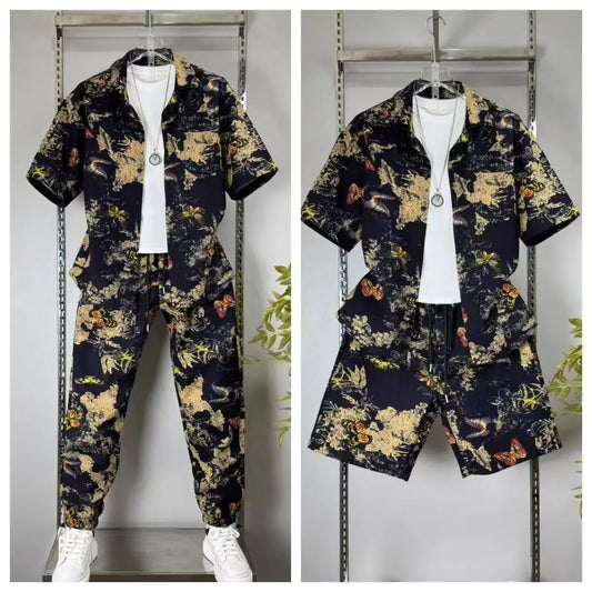(Shirt + trousers) Summer short sleeve Mens Sets shirt print pattern men's casual elastic waist shirts men Two-piece Suit