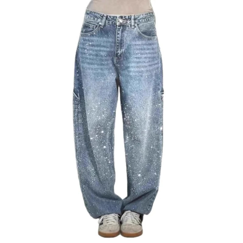 Mom Jeans Women Denim Pant Wide Leg Long Pants Hot Drilling High Waist Straight Trousers Y2k Streetwear Casual Punk Loose