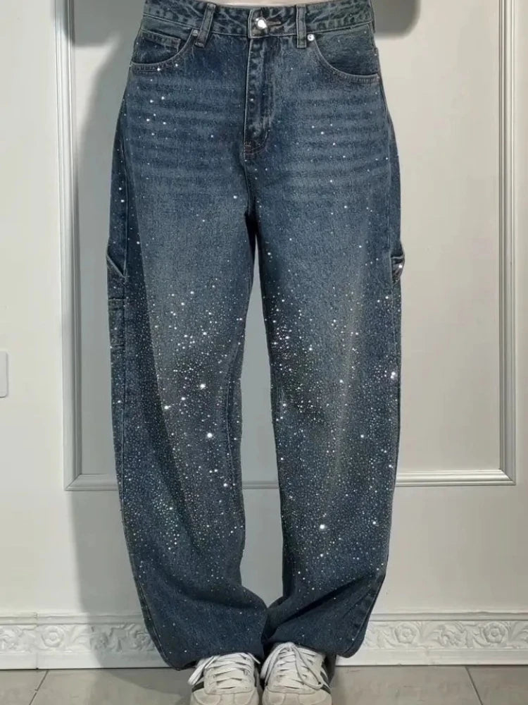 Mom Jeans Women Denim Pant Wide Leg Long Pants Hot Drilling High Waist Straight Trousers Y2k Streetwear Casual Punk Loose