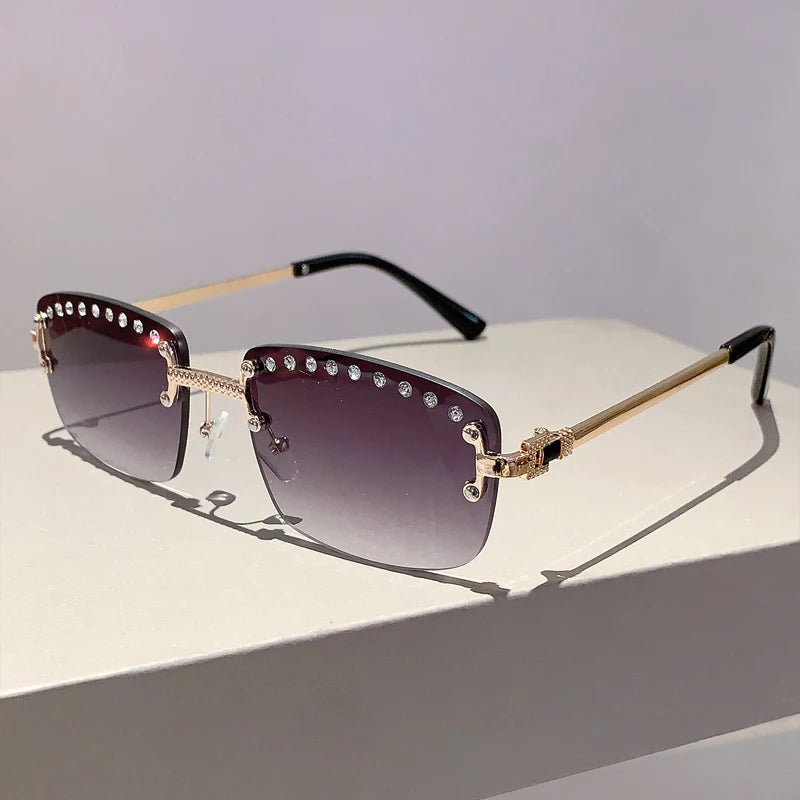 KAMMPT Rimless Sunglasses with Rhinestones 2024 New Fashion Gradient Ocean Lenses Eyewear Trendy Vintage Luxury Rectangle Shades