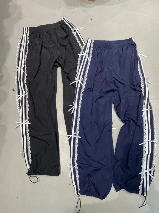 College Fashion Trousers Elastic Waist Lace White Strip Butterfly Foot Sweatpants Sports Pants Women Sweet Girls Loose Casual