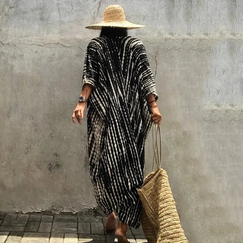 Women's Beach Cover Ups Open Front Tie Dye Maxi Cardigan Kimono Swimsuit with Belts Bathing Suit