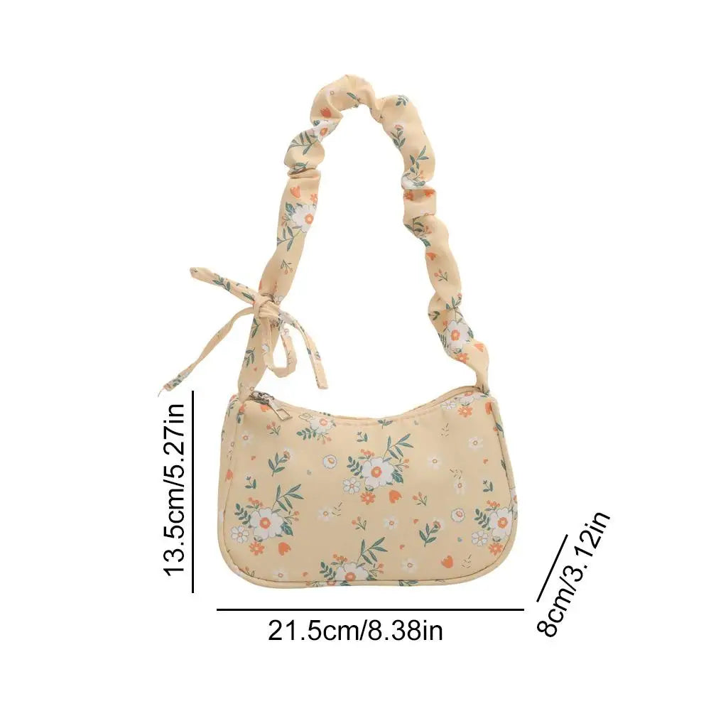 Women's Small Corduroy Handbag - Cute Pleated Shoulder Bag with Half-Moon Flower Print