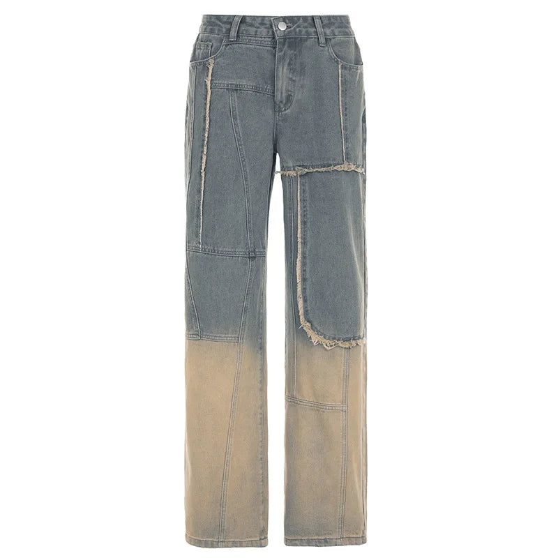 CM.YAYA Women Streetwear Cargo Straight Washed Denim Wide Leg Jeans Pants 2024 Fall Casual gradient Fashion Holiday Trousers