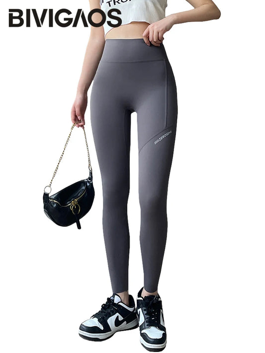 BIVIGAOS Side Pocket Shark Leggings Women Thin Spring Summer Seamless Sports Fitness Leggings High Waist Running Yoga Leggings
