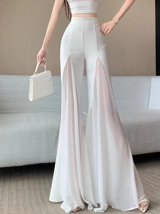 Zoki Chic Mesh Patchwork Flare Pant Women Casual Fashion Loose High Waist White Trousers Elegant Design Lady Summer Sweet Pants