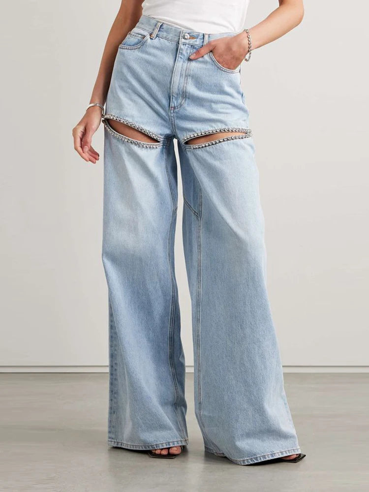 TWOTWINSTYLE Hollow Out Patchwork Diamonds Jeans For Women High Waist Patchwork Button Loose Wide Leg Demin Pant Female Fashion