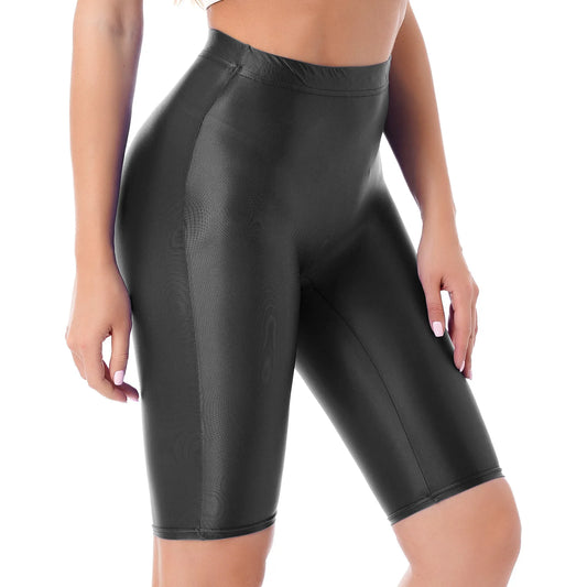 Womens Gymnastics Swim Shorts Glossy High Waist Shorts Elastic Waistband Short Leggings Swimwear Workout Sports Bottoms