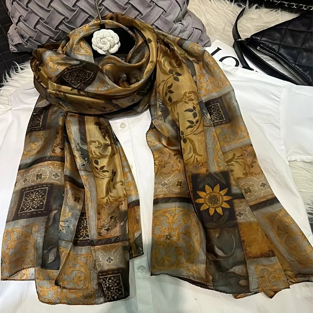BYSIFA|New Brand Coffee Gold Silk Scarf Shawl Fall Winter Accessories Women Long Scarves Hijabs Summer Beach Shawls Foulard