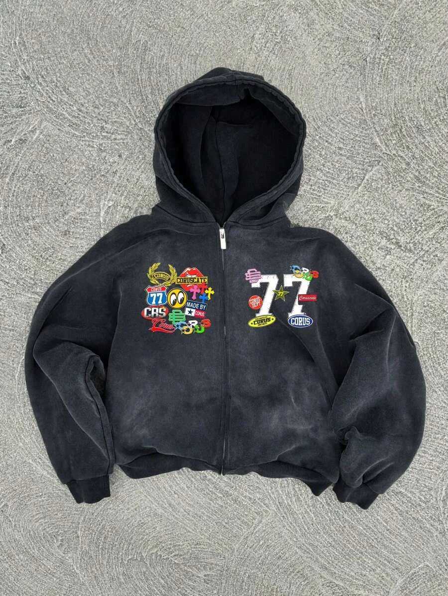 Y2K retro hip-hop trend pattern print men clothing streetwear hoodie fall winter Harajuku jacket gothic casual zip up hoodies