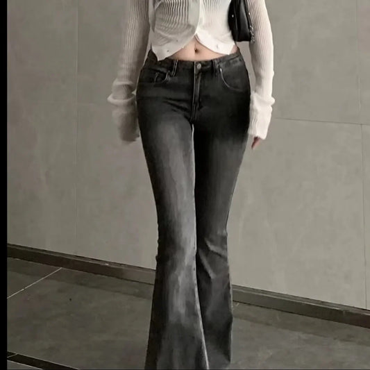 American Style Slimming Jeans Women's Spring Autumn Vintage Micro Flared Trousers Low Waist Elastic Body Shaping Waistband