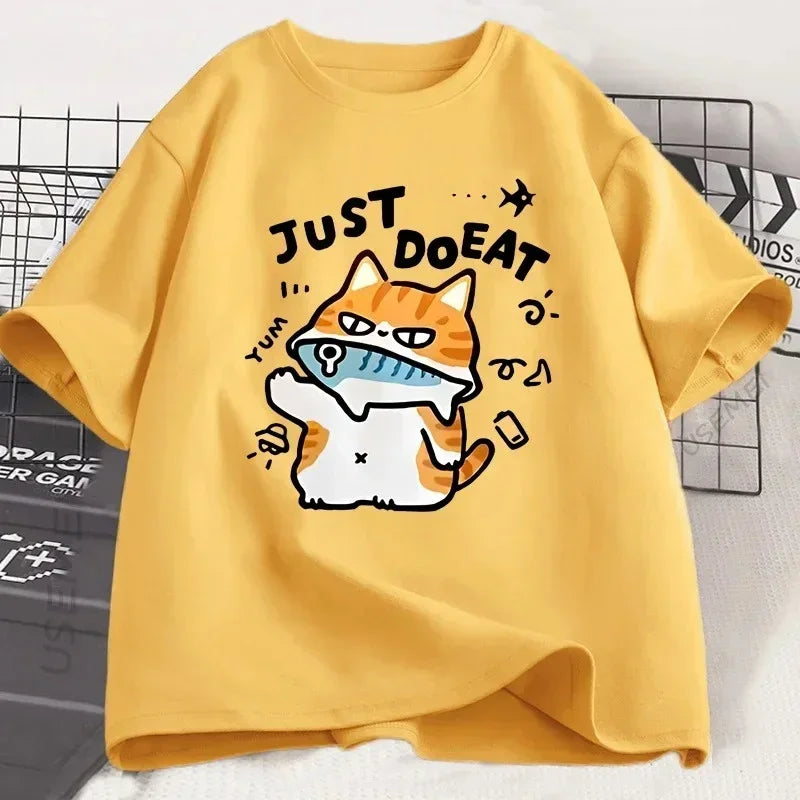 Funny Cat Eat Fish T-shirt for Women Summer Tops Tshirts O-neck Women Clothing Streetwear Short Sleeve Fashion Street Clothes