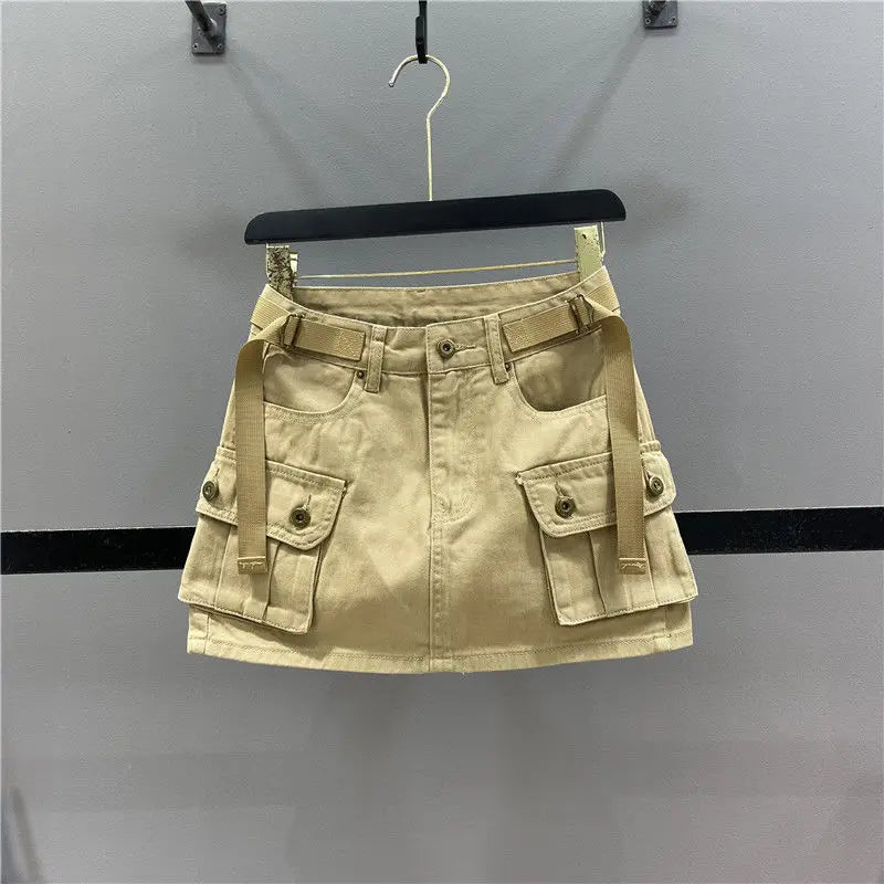 Zipper Fly Denim SKirts with Button Women's Denim Cargo Skirts with Pockets Sexy Mini A-line Jean Skirts Female Streetwear