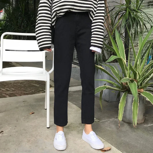 Spring Autumn 2024 New High-waisted Slimming Straight-leg Jeans Loose-fit Casual Petite Black Pants For Women