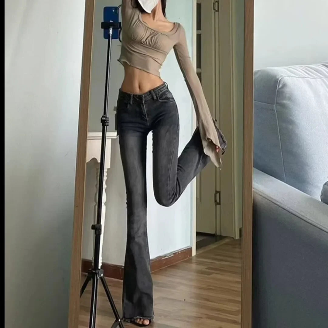 American Style Slimming Jeans Women's Spring Autumn Vintage Micro Flared Trousers Low Waist Elastic Body Shaping Waistband