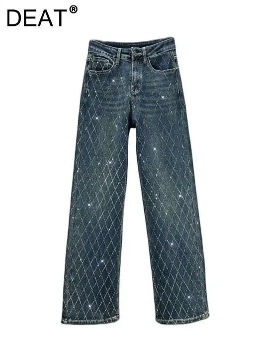 DEAT Women's Jeans High Waist One Side Plaid Shape Diamonds Straight Wide Leg Classic Denim Pants 2025 New Fashion Summer