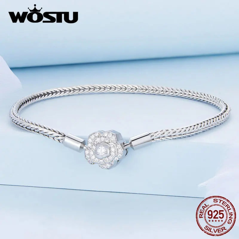 WOSTU 925 Sterling Silver Rose Flower Shiny CZ Basic Snake Chain Bracelets Charm Women Hand Wrist Bangle DIY Jewelry Making Gift