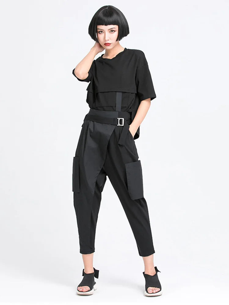 [EAM] High Elastic Waist Black Irregular Split Harem Trousers New Loose Fit Pants Women Fashion Tide Spring Summer 2025 1Y487