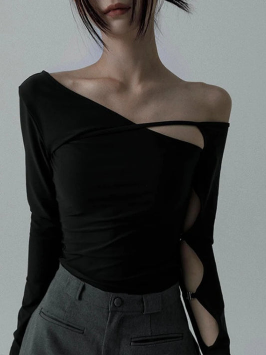 Streetwear Off Shoulder Hollow Out Tees Solid Vintage Casual All Match Crop Top Long Sleeve Slim Women Chic T-shirts Fashion Y2k