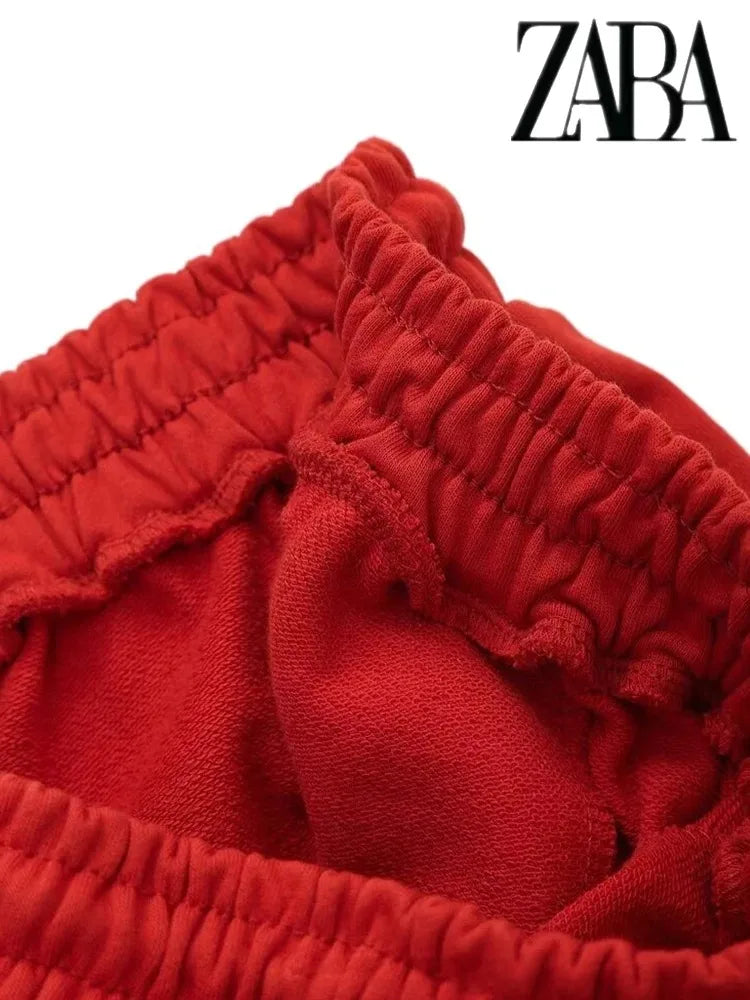 TRAFZA Women's Loose Letter Round Neck Pullover Half Sleeve Sweatshirt Lace Up Placket Shorts Casual Sporty Red Blend Knit Suit