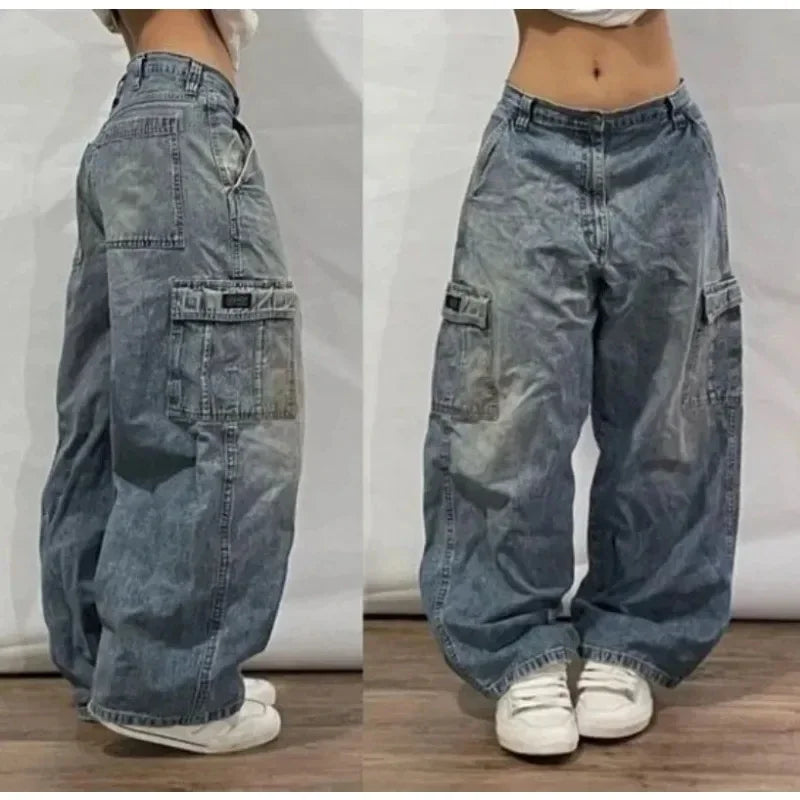 American New Fashion Letter Embroidery Washed Hole Baggy Jeans Men Y2K Streetwear Harajuku Popular High Waist Wide-leg Trousers