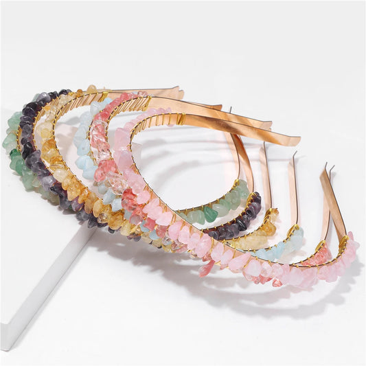 Colorful Natural Stone Aquamarine Crystal Gravels Chips HairBand Women Girl Healing Headwear Hair Accessories Handmade Jewelry