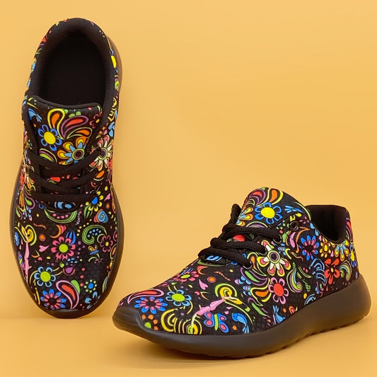 Women's Mexican Flower Pattern Lightweight Sneakers - Lace-Up Running Shoes, Casual & Stylish - Breathable Fabric & Rubber Sole - For Women - Suitable for Everyday Wear, Running & Casual Outings - Perfect Gift for Fashionable