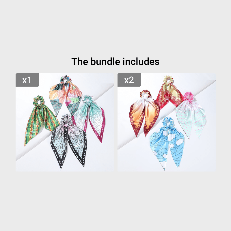 4pcs Adorable Japanese Anime Cartoon Printed Fabric Bowknot Hair Scarves with Elastic Hair Ties for Women - Soft, Comfortable, and Easy to Wear Ponytail Holders for Various Hairstyles - Cute Hair Accessories for Anime Fans
