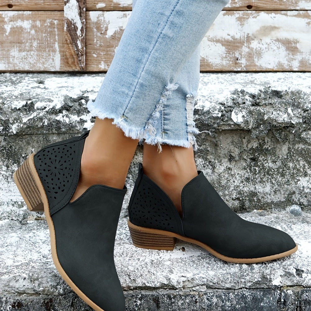 [V Cut Ankle Boots Short] Women's Ankle V Cut Short Boots, Hollow Out Chunky Heel Pointed Toe Shoes, Women's Footwear