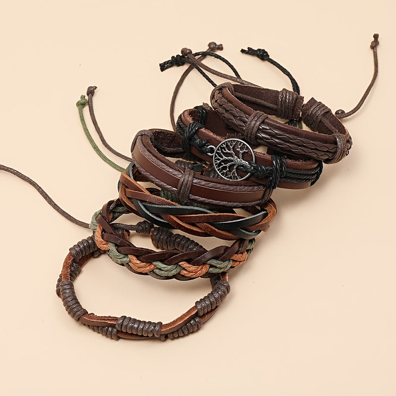 Vintage Funky Men's Adjustable Alloy Multilayer Combination Tree Of Life PU Leather Braided Bracelet