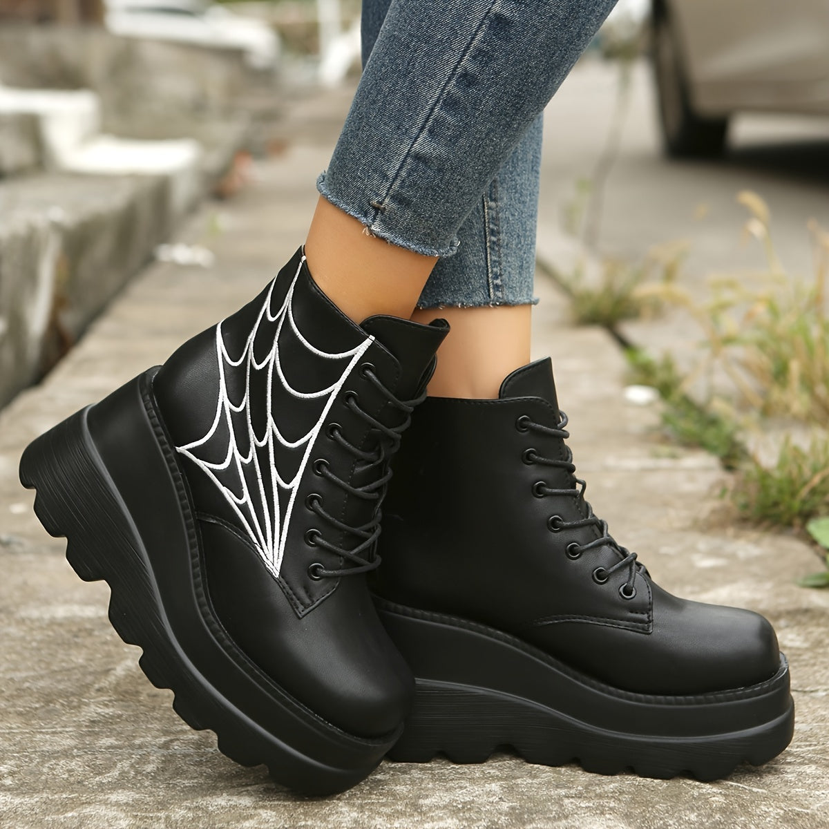 Women's Platform Wedge Ankle Boots, Height Increasing Side Spider Web Decor Short Boots, Women's Footwear